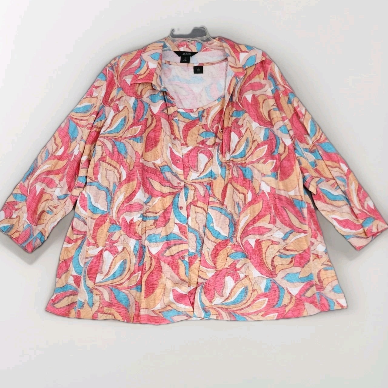 Nwt Ali Miles 2x Top Snap Up 2 Pc Tank Blouse Pink Crinkle 3/4 Sleeve Colorful